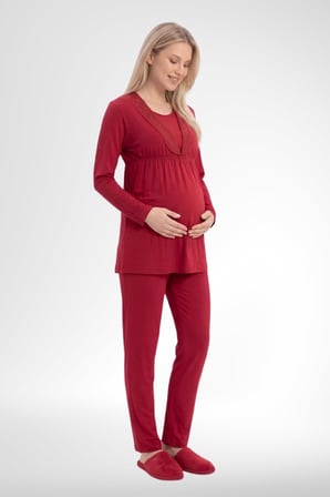 Mecit 6406 Kırmızı Dantel Sabahlıklı Lohusa Pijama Takımı
