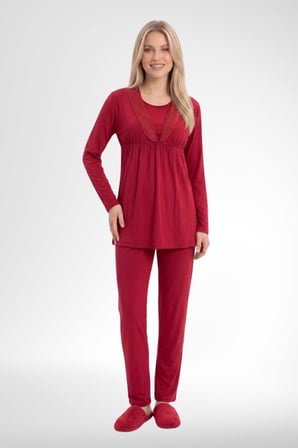 Mecit 6406 Kırmızı Dantel Sabahlıklı Lohusa Pijama Takımı