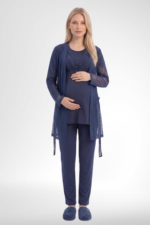 Mecit 6406 Lacivert Dantel Sabahlıklı Lohusa Pijama Takımı