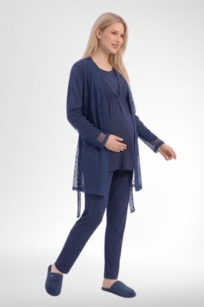 Mecit 6406 Lacivert Dantel Sabahlıklı Lohusa Pijama Takımı