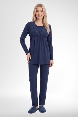Mecit 6406 Lacivert Dantel Sabahlıklı Lohusa Pijama Takımı
