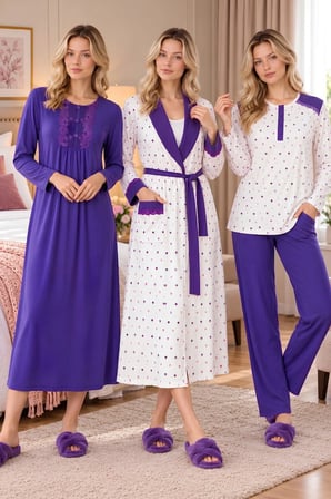Mecit 6415 Mor Kadın Büyük Beden Sabahlık Pijama Gecelik Set