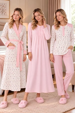 Mecit 6415 Pembe Kadın Büyük Beden Sabahlık Pijama Gecelik Set
