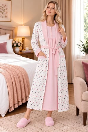 Mecit 6415 Pembe Kadın Büyük Beden Sabahlık Pijama Gecelik Set