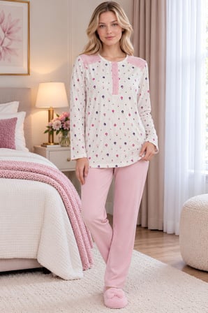 Mecit 6415 Pembe Kadın Büyük Beden Sabahlık Pijama Gecelik Set