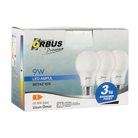 ORBUS ORB/L9W 3LÜ PAKET 9W BEYAZ LED AMPUL (4767)