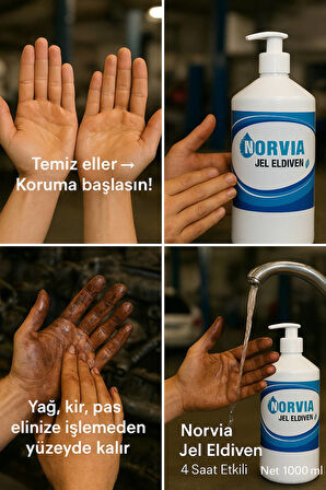 NORVIA 2 Adet Jel Eldiven – Yağ, Kir ve Pas Koruyucu El Jeli | 4 Saat Etkili Görünmez Eldiven