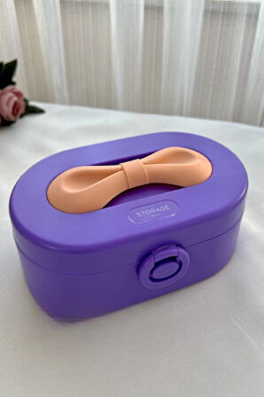 Seyahat Boyu Makyaj Takı Kutusu Aynalı Bölmeli Pembe Mor Kurdeleli Aksesuar Organizeri