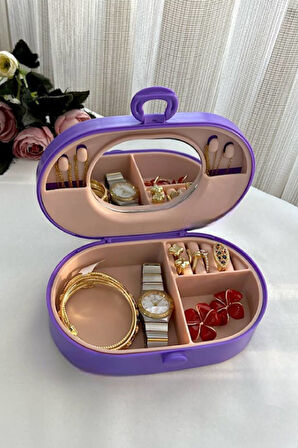 Seyahat Boyu Makyaj Takı Kutusu Aynalı Bölmeli Pembe Mor Kurdeleli Aksesuar Organizeri
