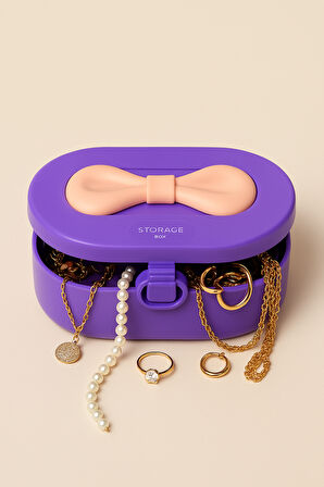 Seyahat Boyu Makyaj Takı Kutusu Aynalı Bölmeli Pembe Mor Kurdeleli Aksesuar Organizeri