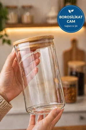 Bambu Kapaklı Borosilikat Cam Saklama Kavanozu 3'lü Set Mumluk Erzak Kahve Düzenleyici Dekoratif