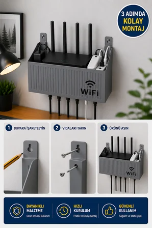 Gri WiFi Modem Düzenleyici Duvar Rafı Kablo Toplayıcı Router Organizer Modem Askılığı