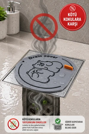 Ayıcık Desenli Gri Silikon Gider Kapağı Koku Önleyici Lavabo Süzgeci Böcek Engelleyici Mat 