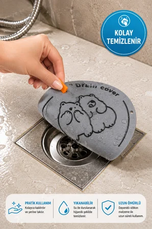 Ayıcık Desenli Gri Silikon Gider Kapağı Koku Önleyici Lavabo Süzgeci Böcek Engelleyici Mat 