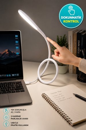 USB LED Masa Lambası Dokunmatik 3 Kademe Parlaklık Ayarlı Esnek Gövdeli Okuma Lambası
