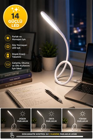 USB LED Masa Lambası Dokunmatik 3 Kademe Parlaklık Ayarlı Esnek Gövdeli Okuma Lambası