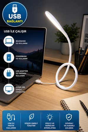 USB LED Masa Lambası Dokunmatik 3 Kademe Parlaklık Ayarlı Esnek Gövdeli Okuma Lambası