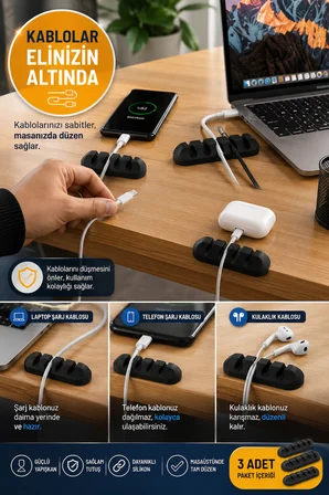 3 Adet 5 Kanallı Siyah Kablo Düzenleyici Silikon Kablo Toplayıcı USB Şarj Kablosu Tutucu