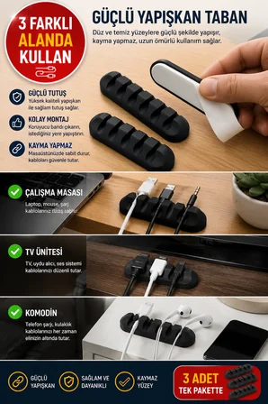 3 Adet 5 Kanallı Siyah Kablo Düzenleyici Silikon Kablo Toplayıcı USB Şarj Kablosu Tutucu