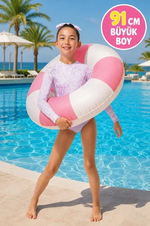 Pembe Beyaz Şişme Simit 91 cm Çocuk ve Yetişkin Deniz Havuz Yüzme Simidi Yazlık Plaj Simidi