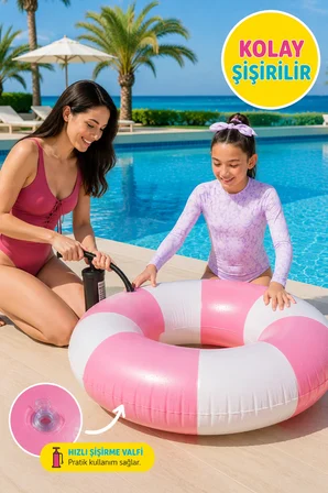 Pembe Beyaz Şişme Simit 91 cm Çocuk ve Yetişkin Deniz Havuz Yüzme Simidi Yazlık Plaj Simidi