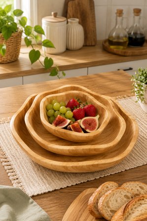 3'lü Bambu Sunum Kase Seti 20-25-30 cm Ahşap Servis Kasesi Çerez Salata Meyve Kahvaltılık