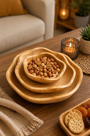 3'lü Bambu Sunum Kase Seti 20-25-30 cm Ahşap Servis Kasesi Çerez Salata Meyve Kahvaltılık