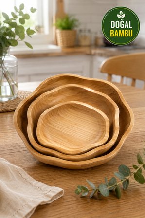 3'lü Bambu Sunum Kase Seti 20-25-30 cm Ahşap Servis Kasesi Çerez Salata Meyve Kahvaltılık