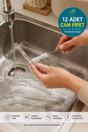 12'li Cam Pipet Seti 20 cm Eğik Borosilikat Cam Pipet + Temizleme Fırçası Şeffaf Tekrar Kullanılabilir