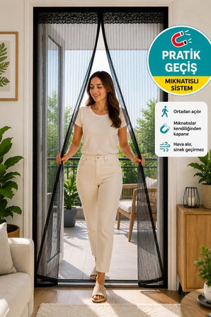 Mıknatıslı Kapı Sinekliği 100x210 cm Siyah Manyetik Otomatik Kapanan Sineklik Tülü