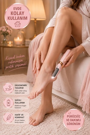 Şarjlı Elektrikli Ayak Törpüsü Pembe Topuk Bakım Cihazı Değiştirilebilir Başlıklı USB Kablolu