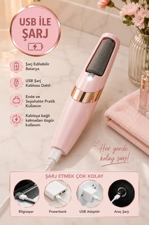 Şarjlı Elektrikli Ayak Törpüsü Pembe Topuk Bakım Cihazı Değiştirilebilir Başlıklı USB Kablolu