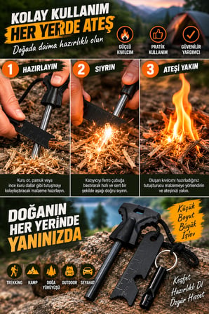 Kamp Ateş Başlatıcı Ferro Çubuk Kıvılcım Çakma Seti Kazıyıcı Cetvel Düdük ve Taşıma İpli