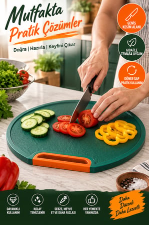 Yuvarlak Kesme Tahtası Saplı Doğrama Panosu Kaydırmaz Dokulu Mutfak Kesim Tahtası Yeşil