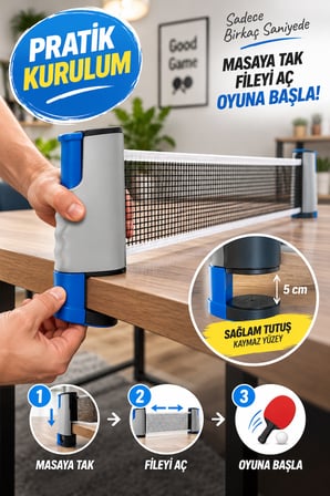 Teleskopik Masa Tenisi Filesi 170 cm Açılır Kapanır Rulo Ping Pong File Seti Gri Mavi