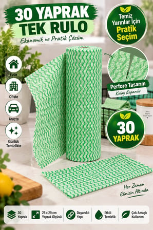 Yeşil 30 Yaprak Rulo Temizlik Bezi 25x29 cm Kopar Kullan Çok Amaçlı Mutfak Bezi 