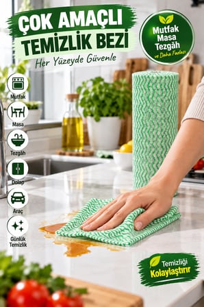 Yeşil 30 Yaprak Rulo Temizlik Bezi 25x29 cm Kopar Kullan Çok Amaçlı Mutfak Bezi 