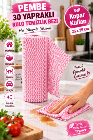 Pembe 30 Yaprak Rulo Temizlik Bezi 25x29 cm Kopar Kullan Çok Amaçlı Mutfak Temizlik Bezi