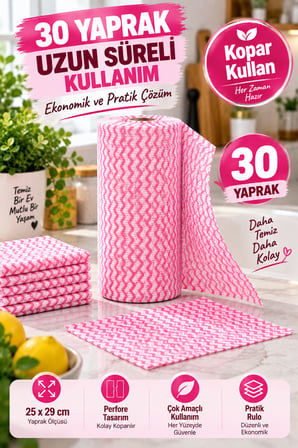Pembe 30 Yaprak Rulo Temizlik Bezi 25x29 cm Kopar Kullan Çok Amaçlı Mutfak Temizlik Bezi