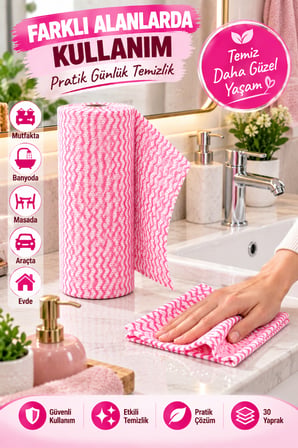 Pembe 30 Yaprak Rulo Temizlik Bezi 25x29 cm Kopar Kullan Çok Amaçlı Mutfak Temizlik Bezi