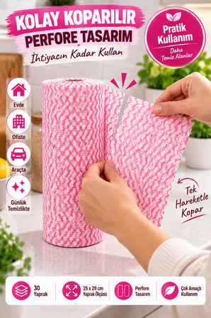 Pembe 30 Yaprak Rulo Temizlik Bezi 25x29 cm Kopar Kullan Çok Amaçlı Mutfak Temizlik Bezi