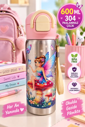 Pembe 600 ML Çocuk Çelik Matara 304 BPA Free 2 Kademeli Pipetli Kilitli Okul Suluğu