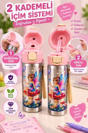 Pembe 600 ML Çocuk Çelik Matara 304 BPA Free 2 Kademeli Pipetli Kilitli Okul Suluğu