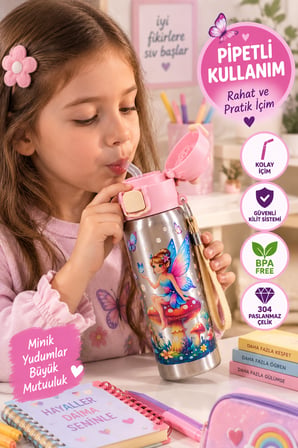 Pembe 600 ML Çocuk Çelik Matara 304 BPA Free 2 Kademeli Pipetli Kilitli Okul Suluğu