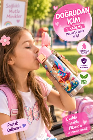 Pembe 600 ML Çocuk Çelik Matara 304 BPA Free 2 Kademeli Pipetli Kilitli Okul Suluğu