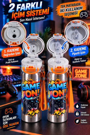 Gri 600 ML Çocuk Çelik Matara 304 BPA Free 2 Kademeli Pipetli Kilitli Okul Suluğu