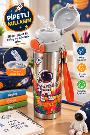Astronot Desenli 600 ML Çelik Çocuk Suluğu Pipetli ve Direkt İçim Çift Kapaklı Taşıma Askılı