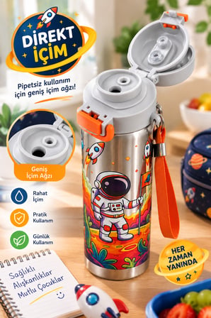 Astronot Desenli 600 ML Çelik Çocuk Suluğu Pipetli ve Direkt İçim Çift Kapaklı Taşıma Askılı