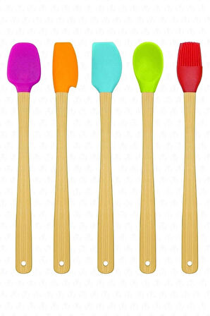 5 Parça Bambu Saplı Mini Silikon Spatula Kaşık Fırça Seti Renkli