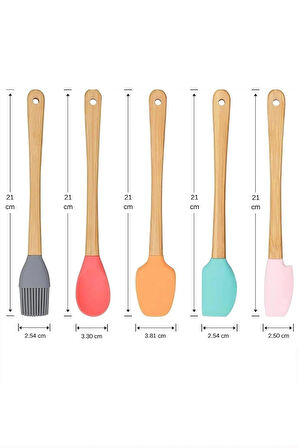 5 Parça Bambu Saplı Mini Silikon Spatula Kaşık Fırça Seti Renkli